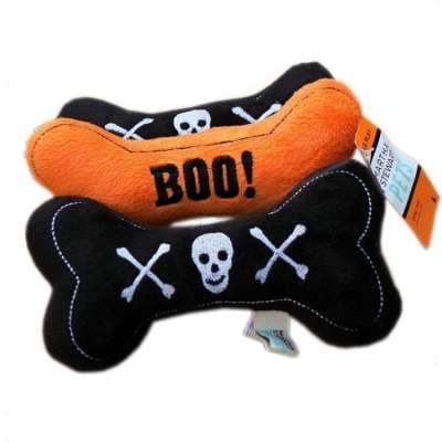 Stock Wholesale Orange Black Plush Squeaky Pet Dog Bone Halloween Toy  For Teddy Bichon Puppy